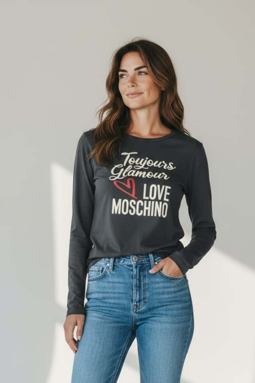 Love Moschino Toujours Glamour Black Long Sleeve Slogan T-Shirt